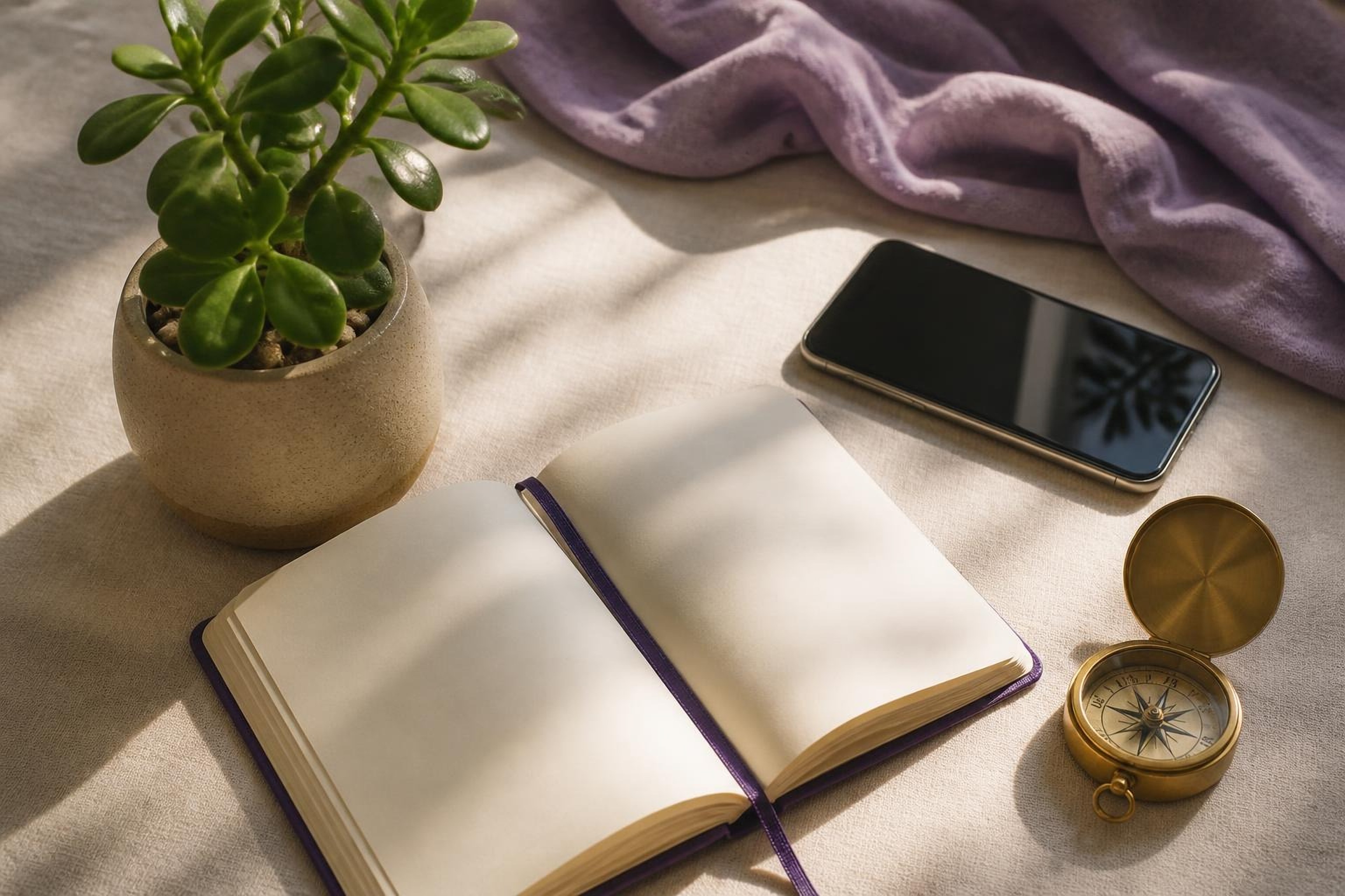 Notebook, compass, plant and smartphone on linen